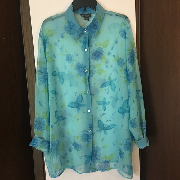 Notations Tops - Notations Blue Butterfly Sheer Long Sleeve Top